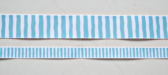 Turquoise blue and white wonky stripes on 3/8" & 7/8" grosgrain ribbon combo set- Il_570xn