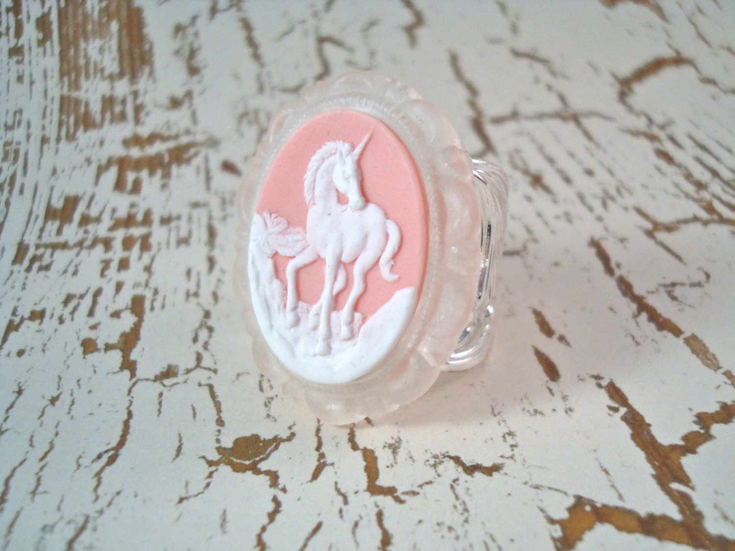 Pink Unicorn Silver Ring - Vivre Un Rêve - Victorian Fantasy White Cameo Dreamy Fairytale Filigree Silver