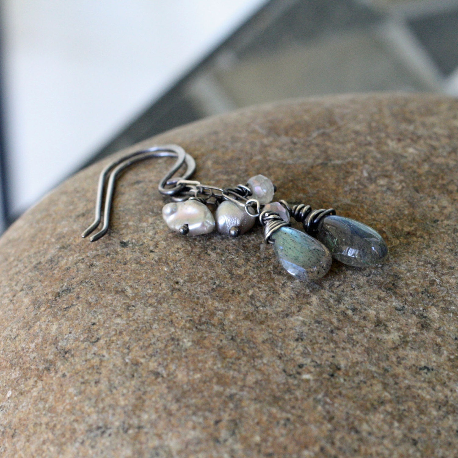 On Sale 10% off - Imlandris - labradorite, moonstone and pearl earrings in sterling