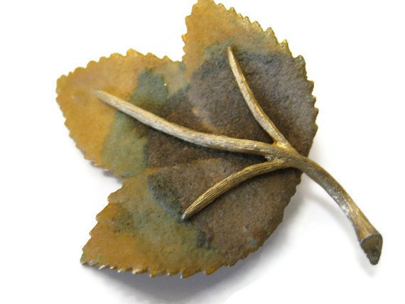 Gold Tone BSK Vintage Textured Leaf Brooch