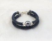 Grey beads rope bracelet with glass pearl- double bracelet- stackable bracelet- seed beads jewelry- beadwork- plus size