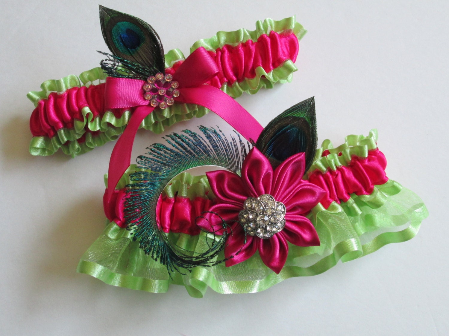 Wedding/Prom Garters, Lime Green Garters, Fuchsia Pink Garters, Jeweled Garters, Peacock Garters, Kanzashi Flower, Irish/St Patty's Bride