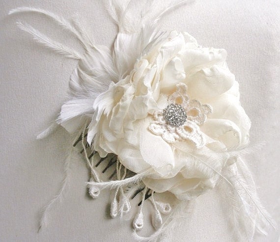 Bridal Fascinator, Bridal Hair Flower, Weddings, Bridal Hair Accessories, Headpiece, Feather Fascinator, Champagne, Ivory