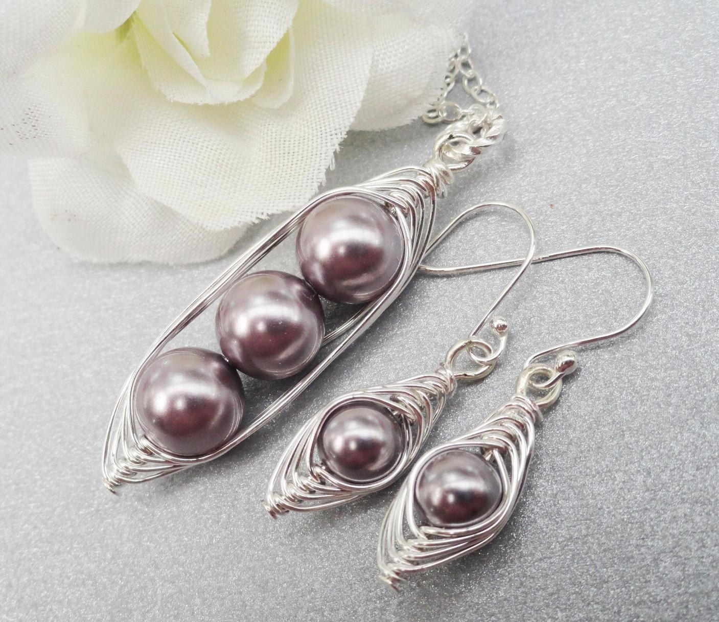 Sweet Peas In A Pod Necklace And Earrings Set Choose Your Color - ALL STERLING Silver