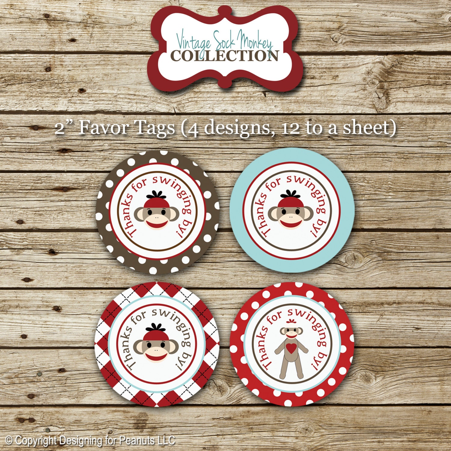 Sock Monkey favor tags, stickers, labels, party circles, printable, digital, etc.