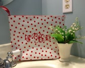 Large Waterproof Cosmetic bag or Wet Bag of Oilcloth with Monogram in Red Polka Dot with Red Floral Toile Interior