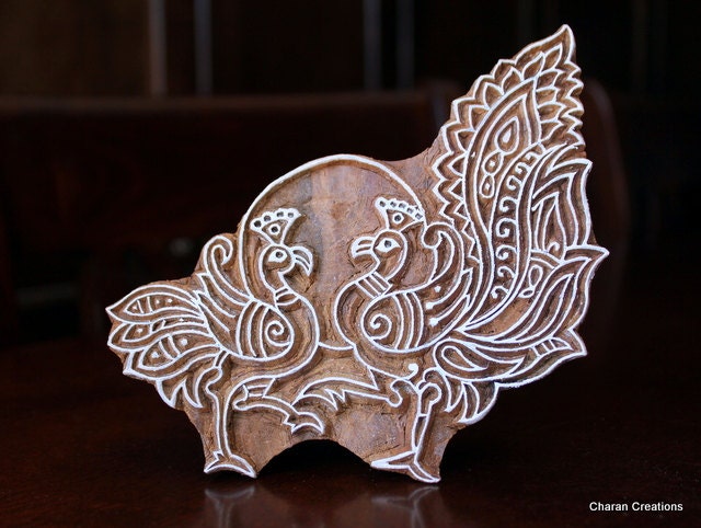 Hand Carved Indian Wood Textile Stamp Block- Peafowl Couple