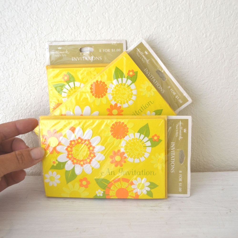 Retro Party Invitations Vintage 1970s Sunny Yellow Floral You're Invited Cards Envelopes