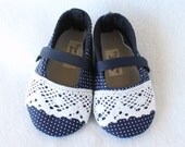 LACY BLUE-Navy, Polka Dots, White, Lace Mary Jane Baby Girl Boutique Bootie