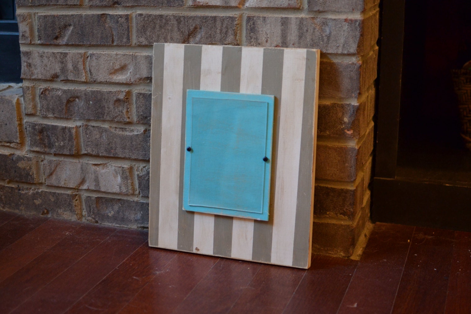 Block Style Frame - Cream and Latte Stripes with Aqua Painted Layer - 5x7 Photo Opening - Hand Painted & Distressed