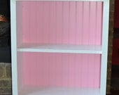 Hand Painted 100% Wood Two Shelf Bookcase - White with a light pink beadboard backing - Custom Furniture