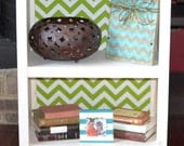 Hand Painted Bookcase - Two Shelves - Fabric Wrapped Backing - Green Chevron - 100% Real Wood - Custom Item