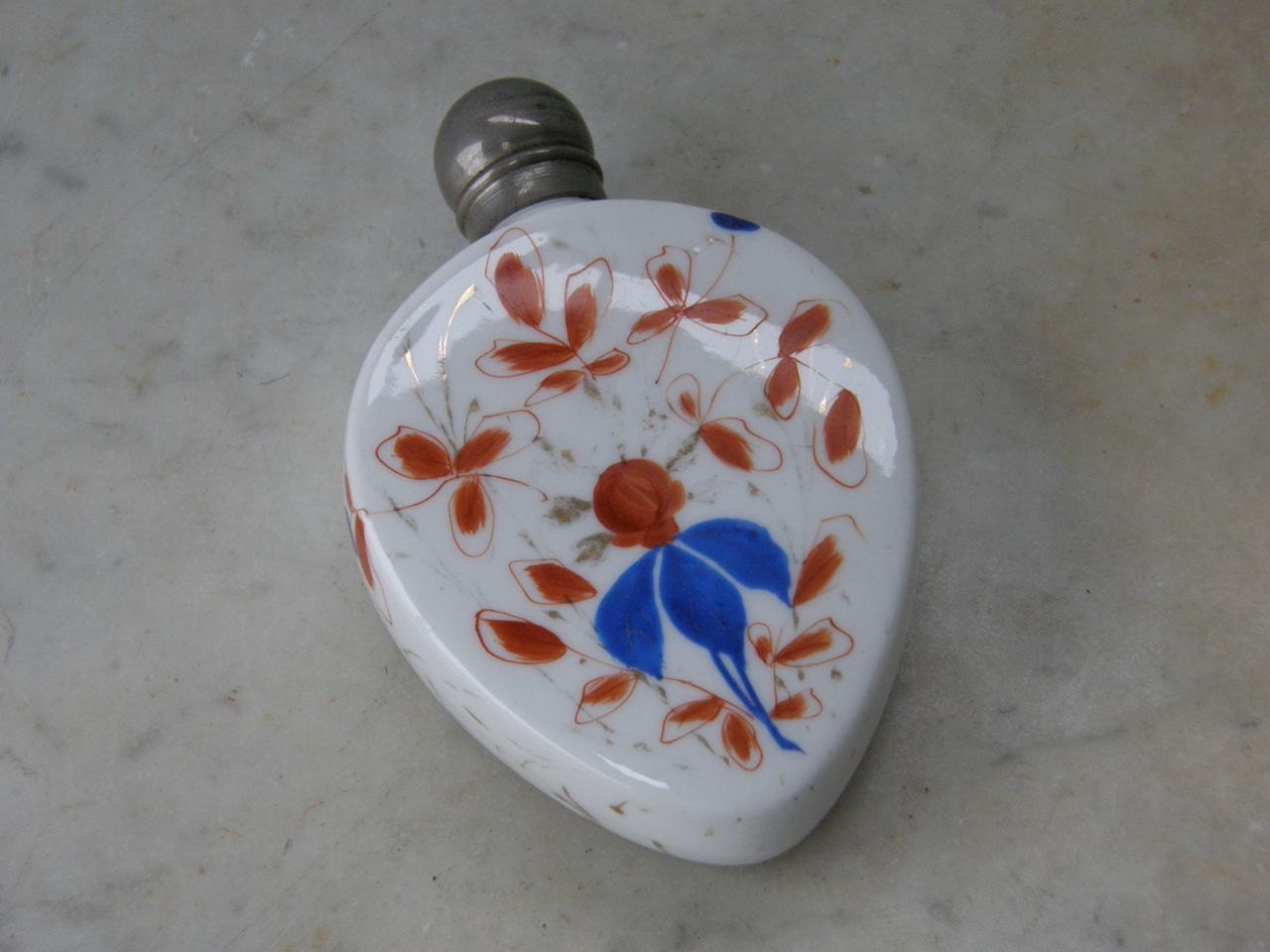 Antique CERAMIC PERFUME BOTTLE Gaudy Welch Style Orange/Cobalt on White