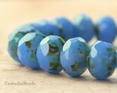 Czech Glass Bead - Picasso - Cornflower Blue - 10 -  Faceted Rondells 6x8mm (cab-407)
