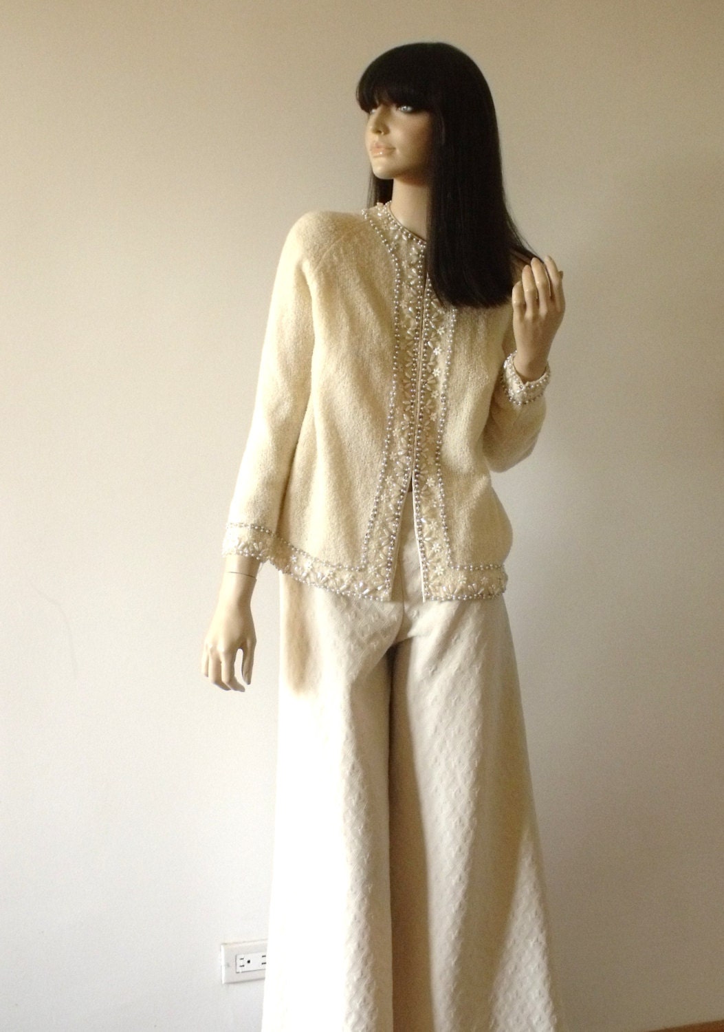 Wool Sweater with Pearls and Ecru Beading British Hong Kong 1960s Wedding