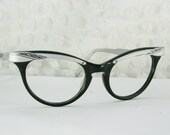 Vintage 50s Cat Eye Glasses 1960s Womens Eyeglasses Two Tone Black Horn Rim Silver Molded Aluminum Browline NOS 48/20 Marine Optical Frame