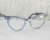 50s Cat Eye Glasses 1960's Blue Eyeglasses Rhinestone Wide Wing Pearl Horn Rim Etched Curvy 44/20 Art Craft Optical Frame