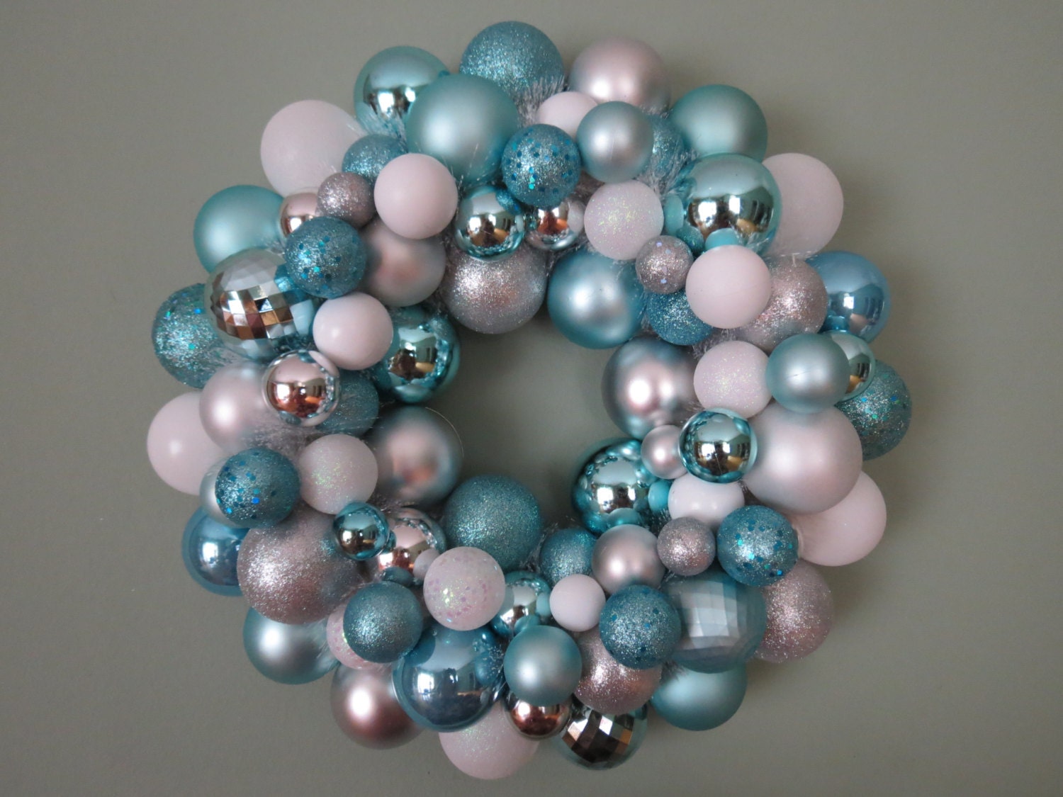 AQUA  WHITE and Silver WINTER Ornament Wreath