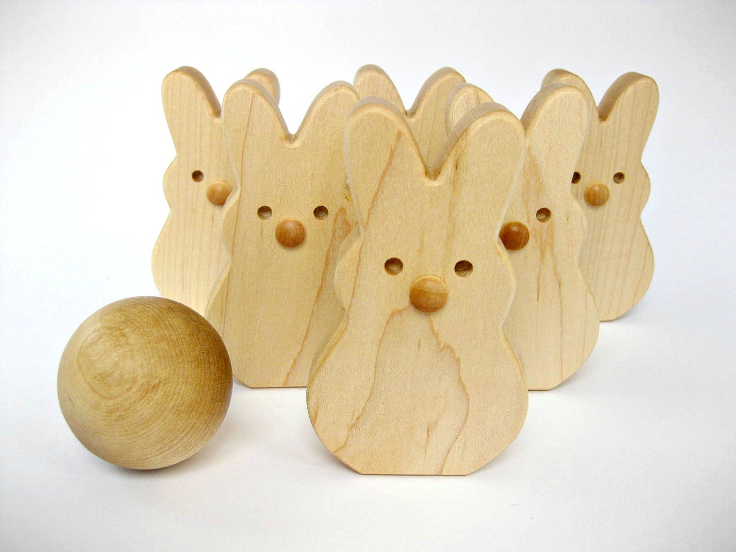 Wooden Toy Bunny Bowling Set of 6 Skittles Eco Friendly