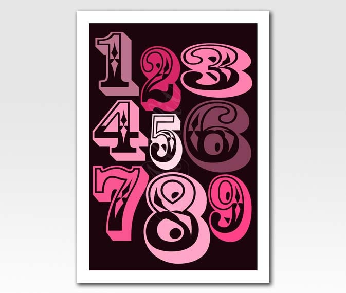 Art Print A3 Print Numbers 1 to 9 in Pink on Dark Background Nursery Kids Baby Art Home Décor Original Design by Adidit Print no. 104