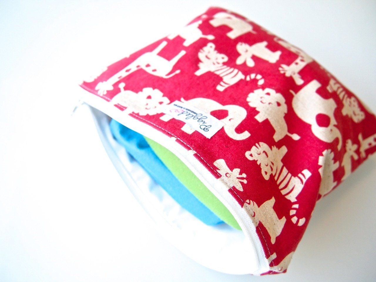 Large Zippered Wet Bag Pouch  - Zoo Animals (Pink, Blue or Black)