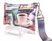 Photo Wristlet Coffee Cup Diner Cafe - Leather Keyfob Detachable Wallet