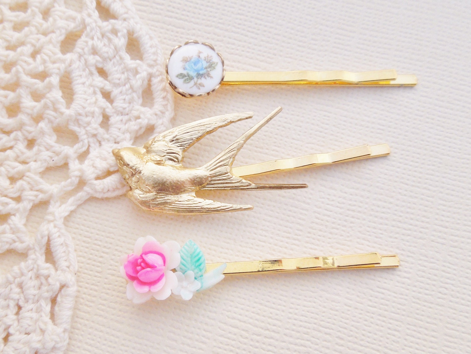 Vintage Baubles Hair Clips,Set of Three,Brass Bird, Vintage Resin Rose, Glass Cabochon,Set of Three,Shabby Chic,Bridal,Bridemaids