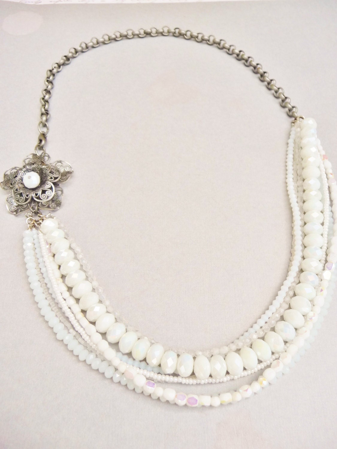 Pearlescent Vintage Glass Neckalce,Filigree Flower,Bridal Necklace,Assymetrical,White Multistrand Necklace,Statement,Rainbow,Floral, Silver