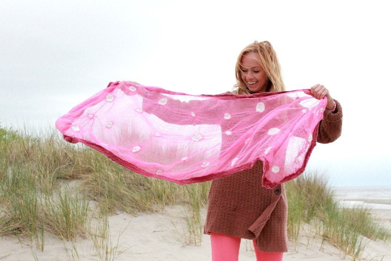 Pink fuchsia nuno felted scarf wrap shawl with merino wool and hand dyed cotton gauze