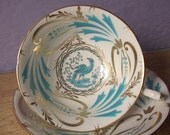 Antique tea cup, vintage 1940's Royal Chelsea hand painted English tea set, white blue bird of paradise gold and white bone china tea cup