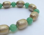 Antique Crown Trifari green glass beaded necklace, gold beaded necklace, vintage 1950's jewelry, summer green necklace