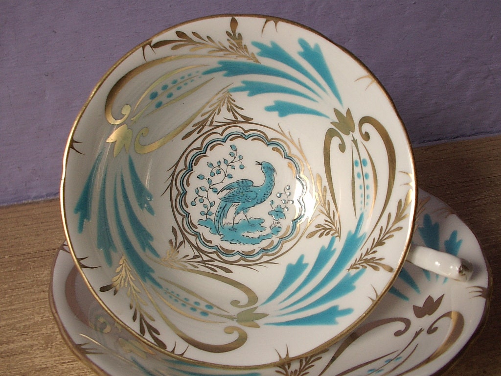 Antique tea cup, vintage 1940's Royal Chelsea hand painted English tea set, white blue bird of paradise gold and white bone china tea cup