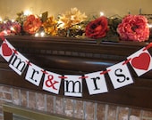 Wedding Banner  Mr. & Mrs. with Hearts Garland Bunting Black Red White Great Photo Prop Can Custom Colors