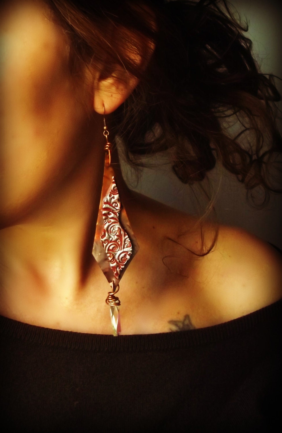 Copper earrings - Swarovski earrings - Crystal earrings - Long earrings - chocolate, green, silver mto TT team