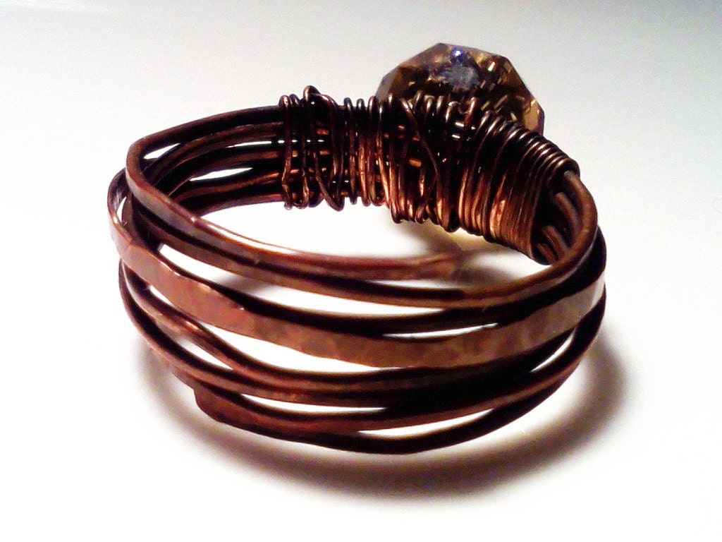 Copper Wire  Ring Wrapped Band style, Champagne Aurora Borelias Stone Bohemian Inspired