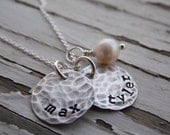 Mommy Necklace with Two Kids Names Stamped Sterling Silver Hammered Discs