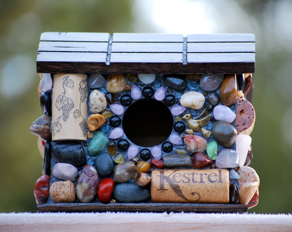 Whimsical Wren Birdhouse Mosaic garden stone and Wine Cork