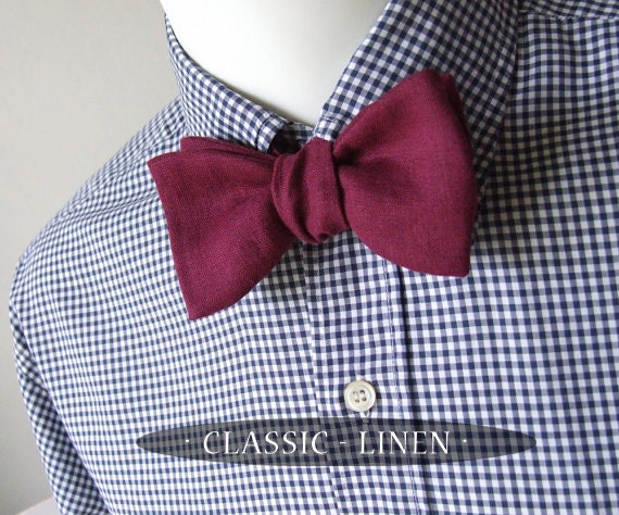 Burgundy Linen Bow Tie - freestyle, self tie / for men, adjustable mens bowtie.