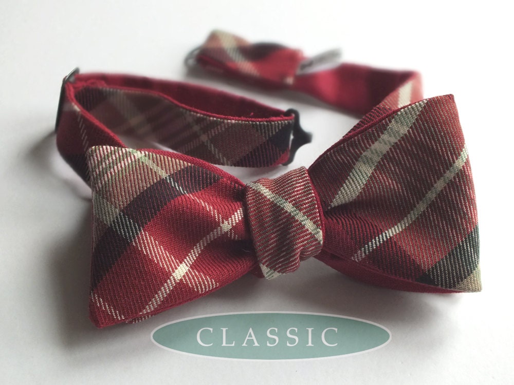 Bow Tie - mens, plaid fabric, self tie - red linen on reverse, I make just freestyle bowties for men.