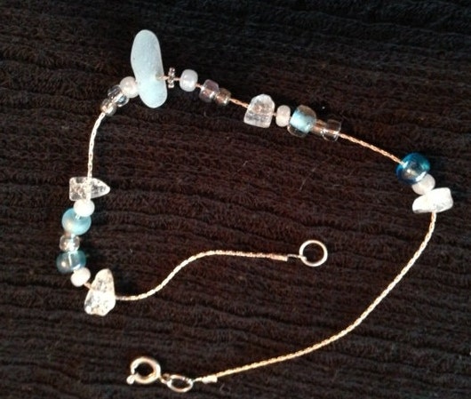 Baby blue beaded anklet with white sea glass