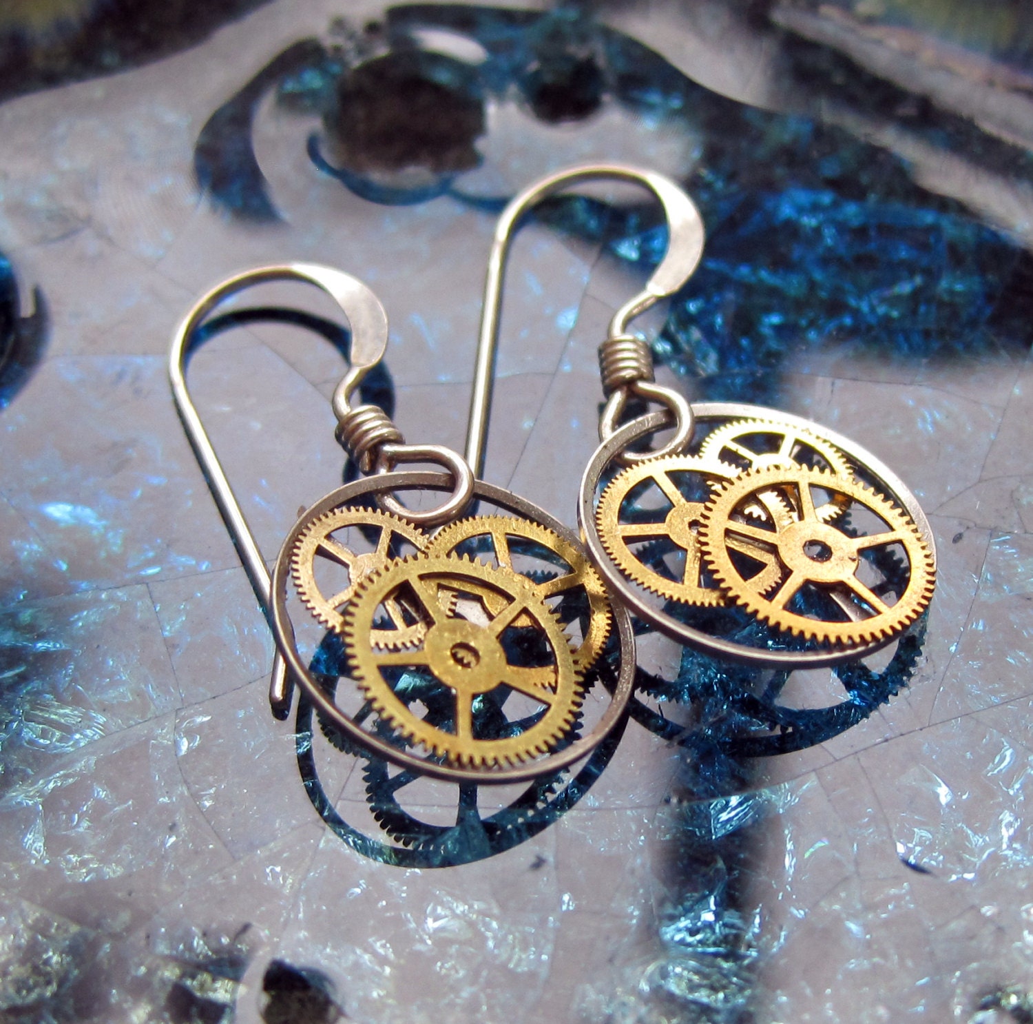 Earrings Gearrings "Gearrings Pi" Elegant Recycled Mechanical Watch Gear Dangle Sterling Silver French Wire Hook Steampunk Earrings