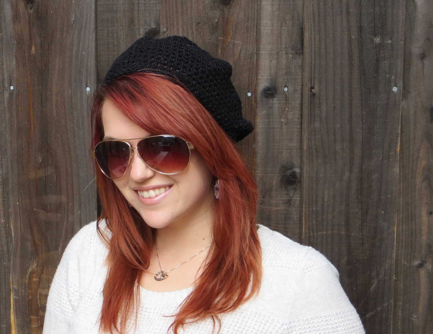 Slouchy Beanie, Black Glitter (crochet lacy hat)
