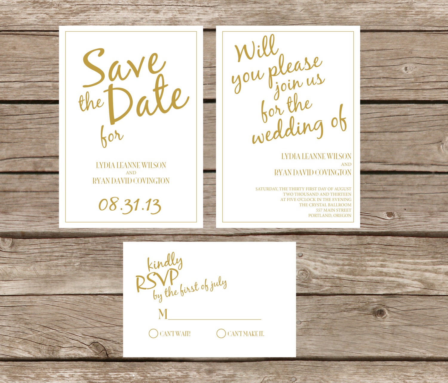 Calligraphy Script Font Gold Inspired Wedding Collection - Invitation, RSVP & Save the Date Personalized Printable