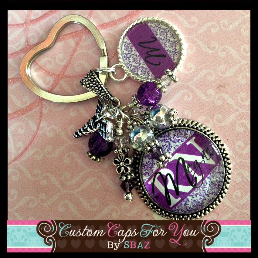 PERSONALIZED Name, Initial or Acronym Glass Bezel Pendant With Additional Custom Charm Necklace Or Keychain With Matching Beads
