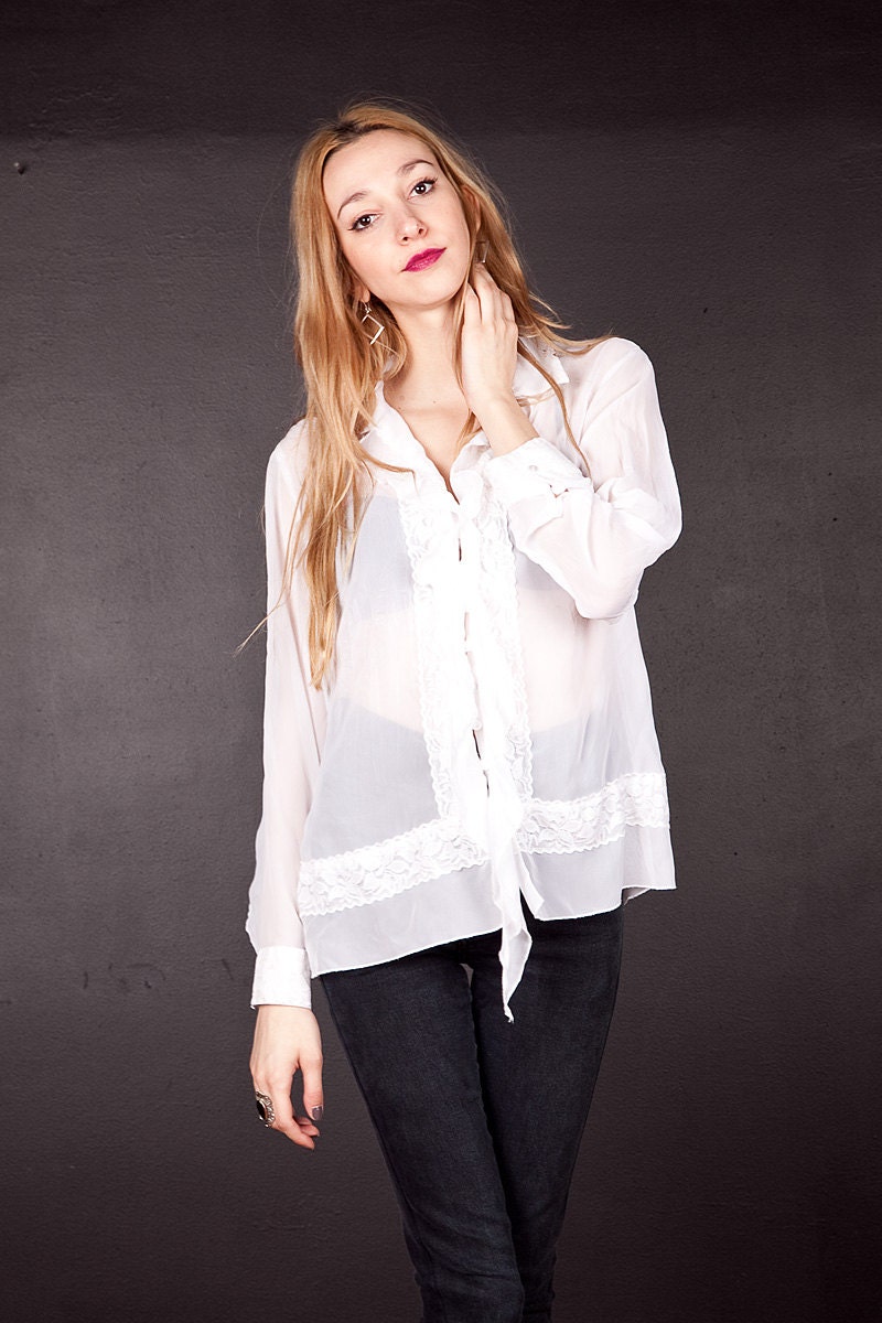 White Chiffon Blouse / Ruffle and Lace Sheer White Chiffon Shirt / M