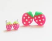Tiny Miniature Sliced Hot Pink Strawberry Post Earrings 4mm 10mm
