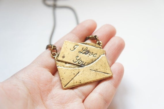 Vintage Style Love Letter Necklace Antiqued Brass