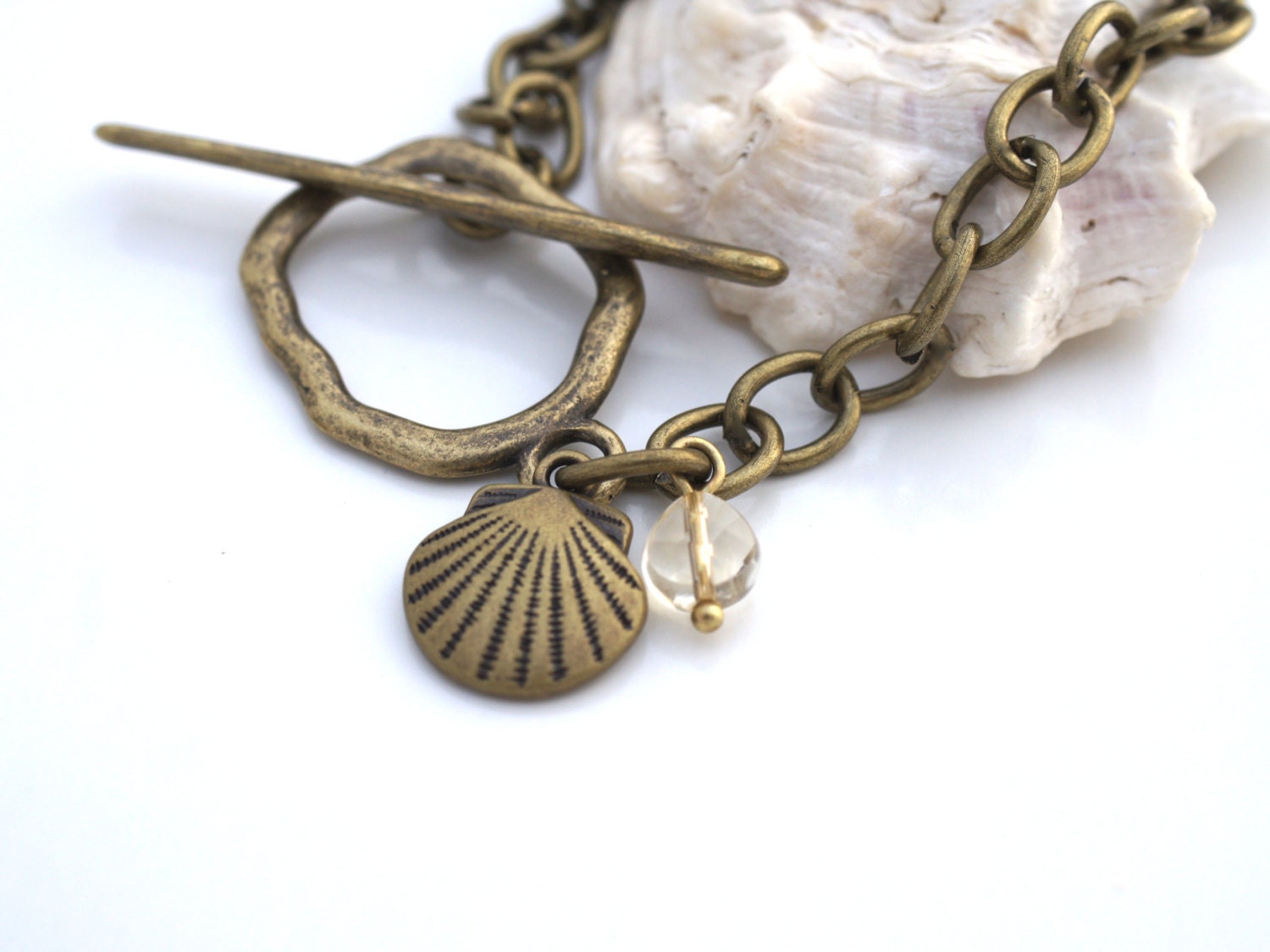 COASTAL JEWELRY, Bronze Seashell, Citrine Charm Bracelet by Cheydrea