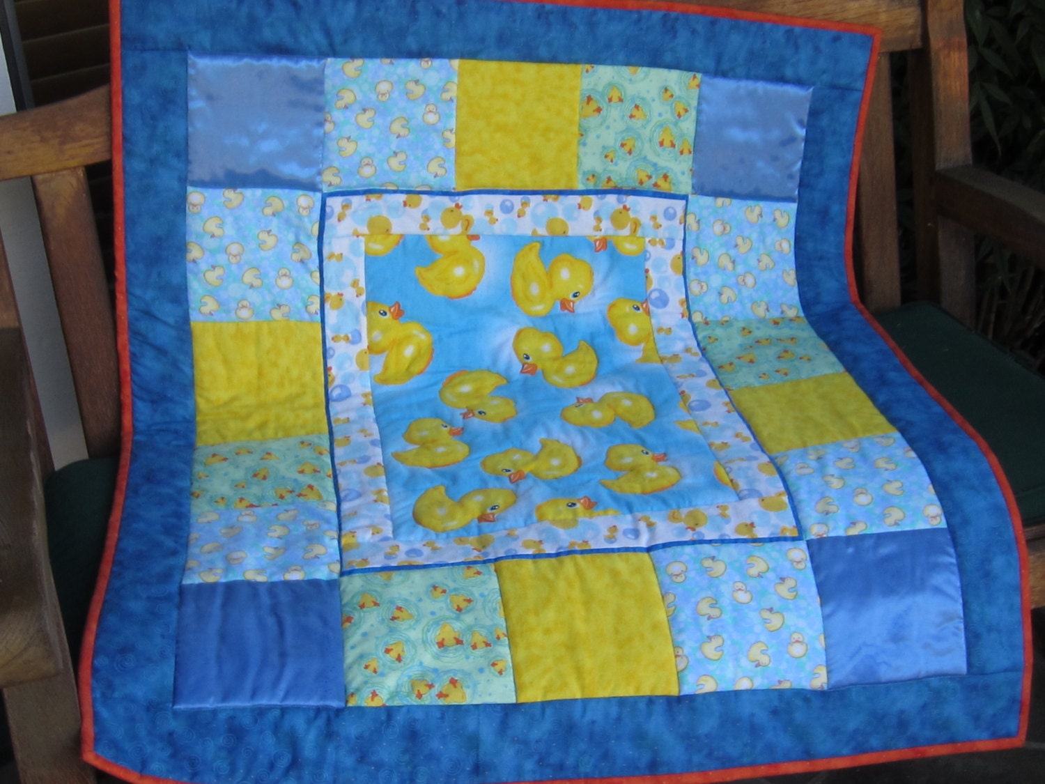 Baby Boy Handmade Blue & Yellow Flannel Duck Quilt 36 X 41