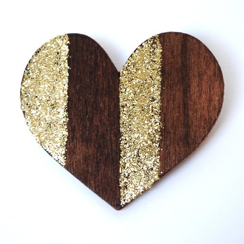 Hand painted gold glitter wood heart brooch pin - Valentines Day